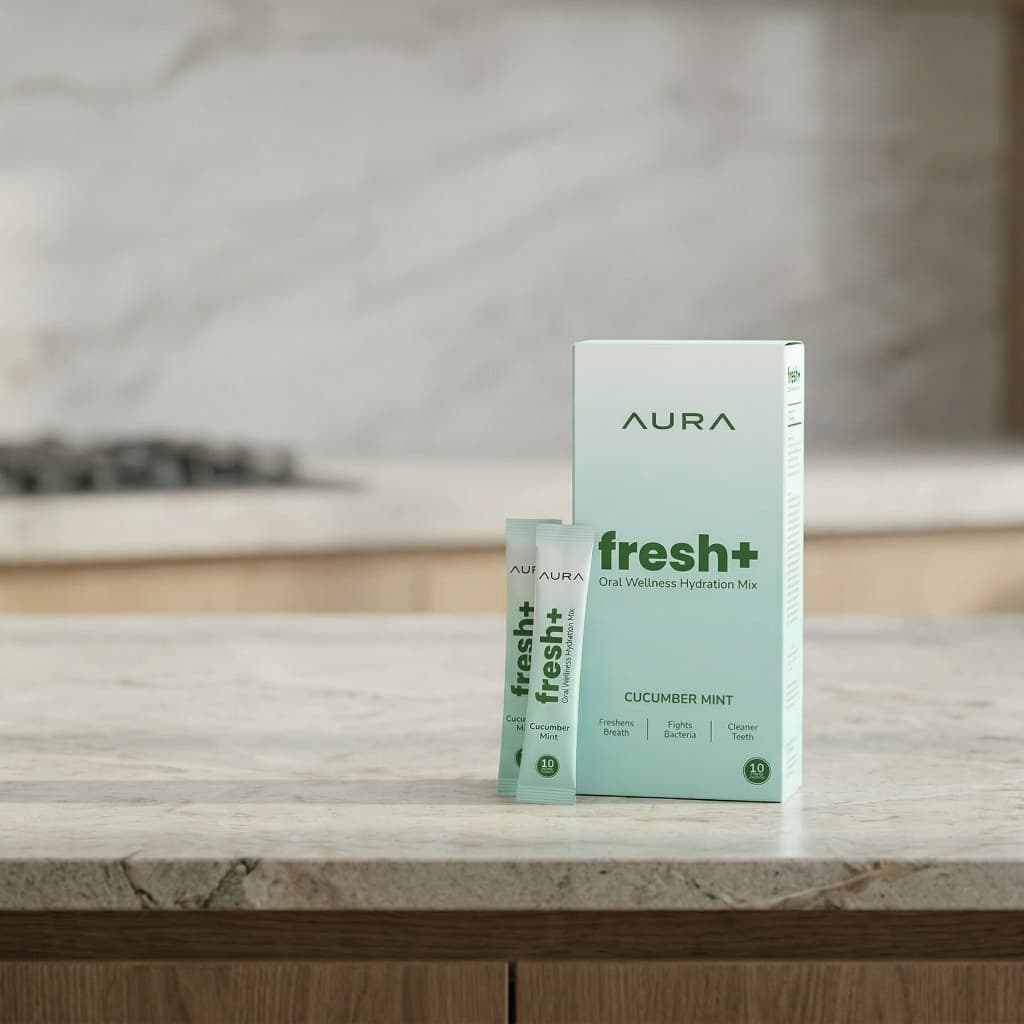 Aura fresh+ box and stick packs on a marble counter