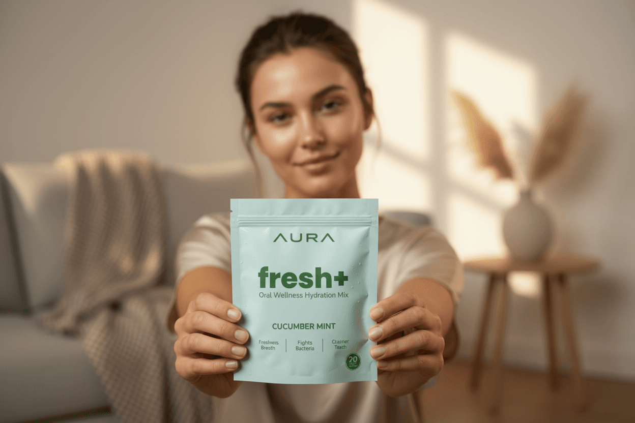 Woman holding Aura fresh+ pouch in a sunlit room